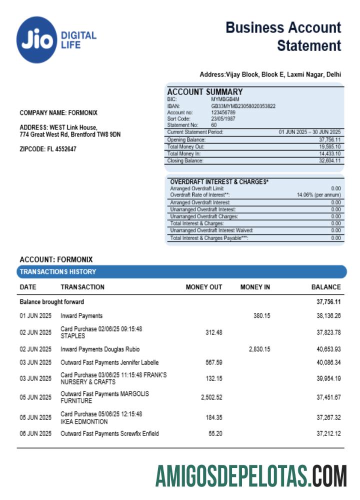 Baixável Jio Digital Life Organization Verificando extrato de conta modelo Word e PDF